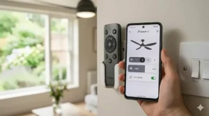 A smartphone app and wall-mounted remote control interface used to operate a smart ceiling fan.