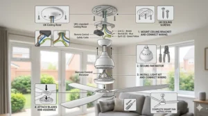 A step-by-step illustration of a smart ceiling fan being mounted to a standard UK ceiling rose and bracket.
