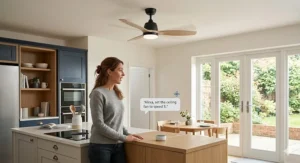 Alt text for image 3: A homeowner using a smart speaker to adjust a ceiling fan in a contemporary UK kitchen.