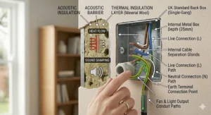 Illustration of a digital wall switch syncing with a smartphone app for remote fan speed adjustment.
