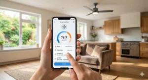Alt text for image 5: A smartphone screen showing a smart home app used to schedule fan speeds and timber-blade rotation.