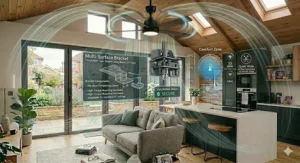 Close-up illustration of a smart ceiling fan bracket suitable for pitched roof extensions or loft conversions.