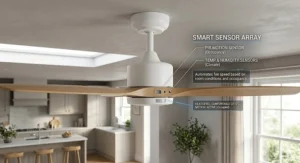 Alt text for image 8: Digital graphic showing smart sensors detecting room occupancy to automate fan cooling.