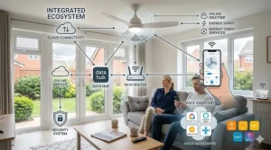 A conceptual diagram showing a smart ceiling fan connected to a home Wi-Fi network alongside other British smart home devices.