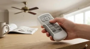 Alt text for image 4: Close-up of a standard handheld remote control for a ceiling fan, highlighting simple button operations.