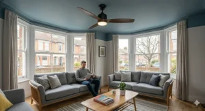 Classic five-blade dark wood ceiling fan with traditional light fixtures in a cosy British sitting room featuring a brick fireplace.