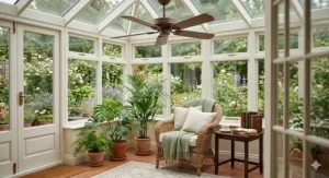 Traditional wooden designer ceiling fan with vintage-inspired blade detailing.