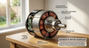 Diagram explaining how a variable speed ceiling fan circulates warm air during the UK winter months.