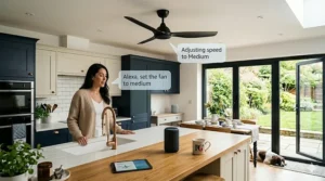 A smart home setup in a UK flat showing voice control integration with an energy efficient smart ceiling fan.