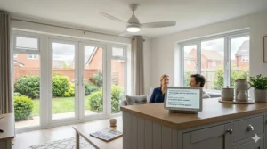 A smart ceiling fan responding to voice commands via a Google Nest Hub situated on a kitchen counter.