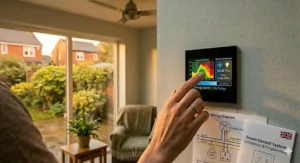 A handheld wireless touch screen remote for a ceiling fan alongside a matching wall-mounted cradle.
