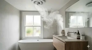 Conceptual illustration of an IP44 bathroom fan actively drawing out excess steam and humidity.