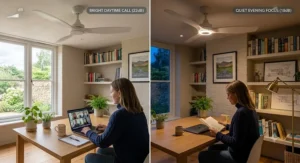 Airflow diagram demonstrating how a silent ceiling fan cools a home office desk area evenly without disturbing paperwork or creating a noisy draft.