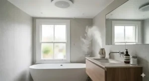 Bathroom atmosphere showing steam rising, highlighting the need for efficient moisture extraction.