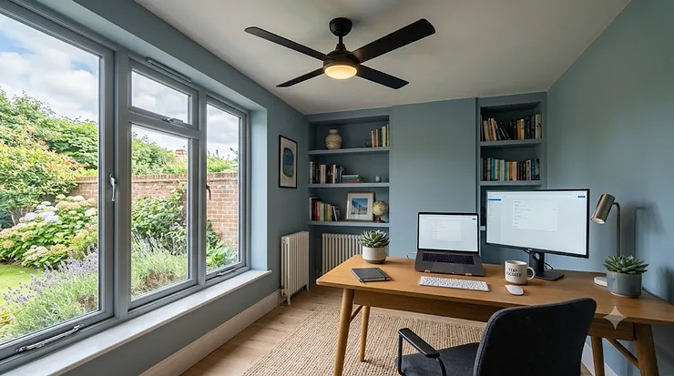 A modern, low-profile ceiling fan with light-toned timber blades spinning gently in a bright, contemporary UK home office study. A sleek desk with a laptop and a large window overlooking a British garden are visible in the background. home office ceiling fans
