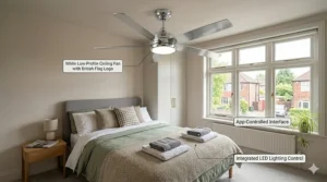 Diagram showing standard UK mains wiring installation for a ceiling fan fixture.