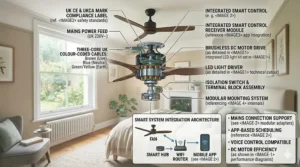 Technical illustration showing a ceiling fan connected to a standard UK mains light circuit.
