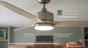 A handheld remote control adjusting the speed and lighting of a ceiling fan in a home study, with the fan visible blurred in the background.
