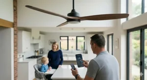 A close-up illustration of a family using a smartphone application and a remote control to operate a smart ceiling fan and adjust lighting in a kitchen-diner.