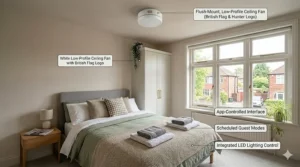 Helpful guide showing correct blade span measurements for an average UK guest bedroom.