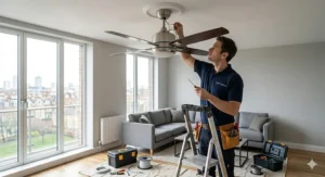 Infographic explaining how to switch a quiet ceiling fan between summer and winter modes.