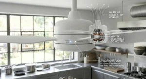 Kitchen ceiling fan in winter mode for circulating warm air efficiently.