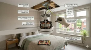 Elegant ceiling fan with dimmable integrated lighting for ambient guest room atmosphere.