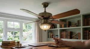 An illuminated ceiling fan with an integrated LED light fixture, casting adjustable cool white task lighting over a home office desk setup.