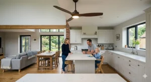 A photorealistic close-up illustration of a modern dark wood ceiling fan showing its integrated, dimmable LED light brightly illuminating a family kitchen island and dining area.