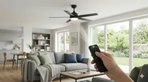 Person adjusting the settings on an IP44 ceiling fan with light using a handheld remote.