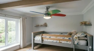 Convenient remote-controlled ceiling fan, allowing easy adjustment of speed and lighting.