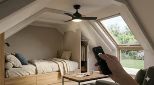 A low-profile IP44 ceiling fan with light suitable for rooms with lower ceiling heights.
