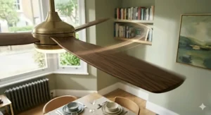 Detail view of sleek, aerodynamically designed ceiling fan blades in an elegant dining room.