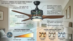 Close-up of a dimmable LED light fitting on a modern bedroom fan.