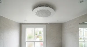 Close-up view of a discreet white IP44 bathroom ceiling fan installed on a clean ceiling.
