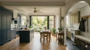 A large, powerful ceiling fan for a kitchen diner, designed to improve airflow in spacious, airy rooms.