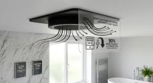 A minimalist black matte ceiling extractor fan mounted in a bright modern bathroom with wall-integrated smart controls displaying an active over-run timer and a 78% relative humidity reading.
