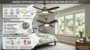 Infographic highlighting the energy-saving benefits of using an LED ceiling fan with light in the bedroom.