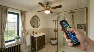 An infographic illustration highlighting the low running costs and high energy efficiency rating of a modern eco-friendly ceiling fan for a UK ensuite.