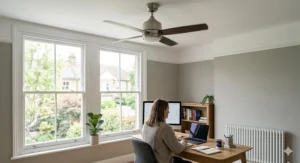 A quiet ceiling fan installed in a home office to maintain a peaceful environment.