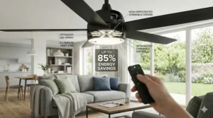 Diagram highlighting the energy-efficient LED lighting integrated into the IP44 ceiling fan.