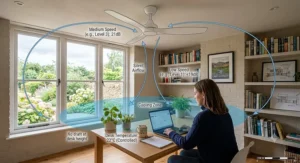 Energy efficiency rating graphic showing the low daily running costs of an eco-friendly silent ceiling fan for a home office.
