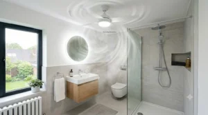 An illustration showing airflow circulation from a ceiling fan clearing steam and dampness to prevent black mould in a British ensuite bathroom.