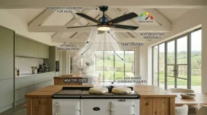 A functional farmhouse ceiling fan with integrated lighting, perfect for task lighting in a country kitchen.