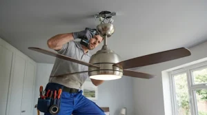 Close-up of a professional installing a modern ceiling fan with light fixture to a bedroom ceiling.