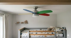 Low-profile flush mount ceiling fan suitable for bedrooms with lower ceiling heights.