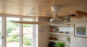 Low-profile flush mount silent ceiling fan designed to fit safely on low ceilings common in modern UK houses and cottage conversions.