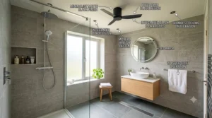 A graphic illustrating how airflow from a ceiling fan effectively reduces condensation on bathroom mirrors and surfaces in a humid wetroom environment.