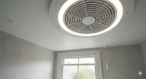 Detailed look at the illuminated LED rim of an IP44 bathroom fan in a tiled setting.