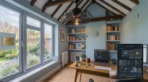A sleek, black industrial style ceiling fan hanging from a high ceiling in a repurposed warehouse or period property home office.